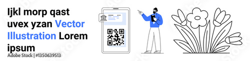 QR code scanner on mobile, man with a tablet pointing, and blooming flowers. Ideal for technology, digital tools, online interaction, education, innovation, nature contrast simple landing page
