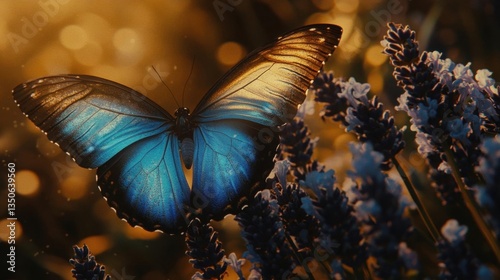 Stunning Blue Butterfly Perched on Lavender Flowers with Golden Bokeh Background in Nature
