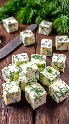 Delicious Herb Butter Cubes on Wooden Table