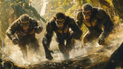 Three Aggressive Gorillas Running Through Shallow Water in a Lush Jungle Environment