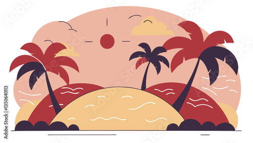 Nautical Flat Vector Round Artwork of a Tropical Island with Palm Trees, Waves, and Sunset