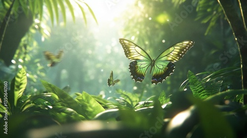 Three Green Butterflies Fluttering Amidst Lush Foliage in a Serene Tropical Jungle Scene
