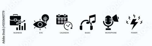 Vision And Venture Icon Set Isolated Vector Illustration Concept With Icon Of Business, Eye, Calendar, Music, Microphone, Power In Glyph Style