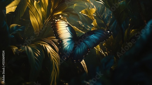 Tropical Butterfly with Vibrant Blue Wings Resting Among Lush Green Foliage in Sunlit Environment