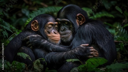 Two Chimpanzees Embracing in a Lush Tropical Forest Displaying Affection and Bonding