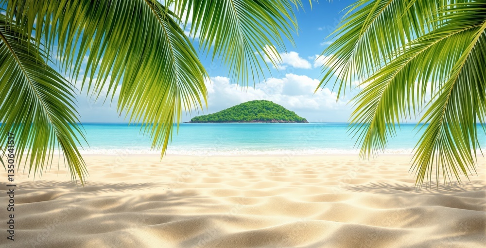 Obraz premium Tropical beach with palm leaves, golden sand, turquoise sea, lush island in distance under bright blue sky with fluffy clouds. Summer vacation concept. Ai generative