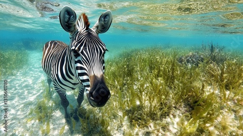 Underwater View of a Zebra Swimming Among Seagrass in a Crystal Clear Ocean Environment