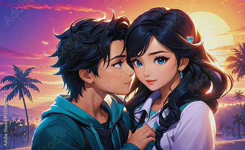 A romantic scene featuring two youthful characters illustration