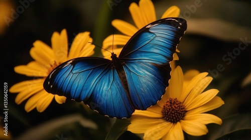 Vibrant Blue Butterfly Resting on Bright Yellow Flowers in a Lush Garden Setting