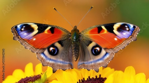Vibrant Butterfly with Colorful Wings Perched on Bright Yellow Flowers in Nature Garden