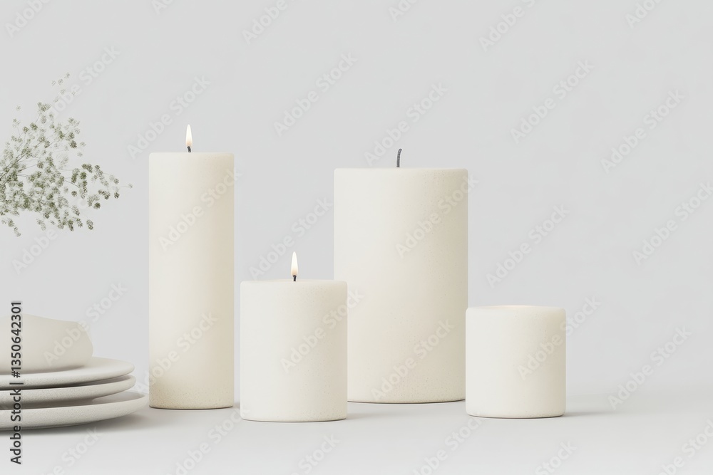 Four simple, elegant white pillar candles arranged on a minimalist surface with subtle greenery and plates Four simple, elegant white pillar candles arranged on a minimalist surface with subtle greenery and plates