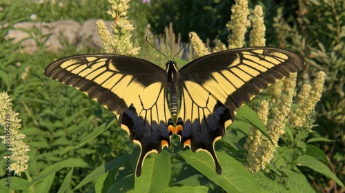 Vibrant Yellow and Black Butterfly Resting on Green Leaves Surrounded by Blooming Flowers in Nature