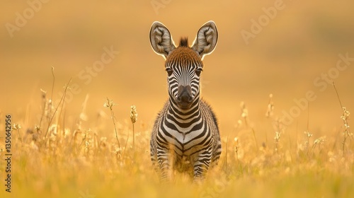 Young Zebra Standing Vibrantly in Tall Grass at Sundown in the African Savanna