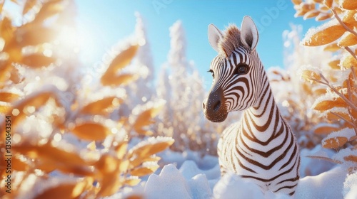Zebra Curiously Observing in a Snow Covered Landscape with Golden Leaves During Winter