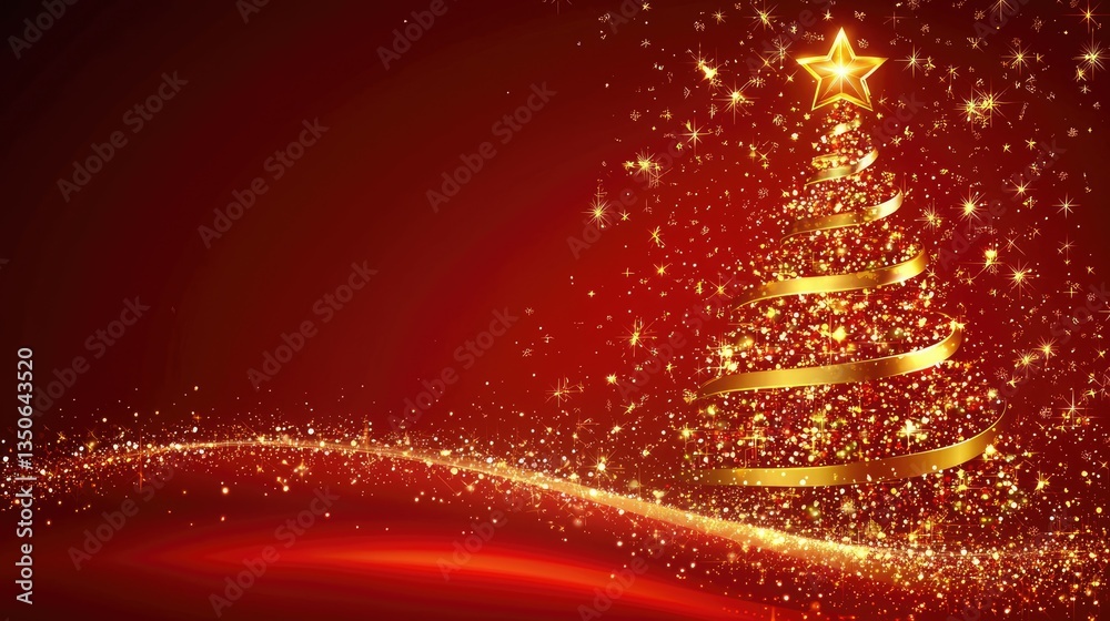 Obraz premium Golden Christmas tree with glowing lights on red background, festive and elegant with space for text. Perfect for holiday cards, seasonal ads, and greeting designs