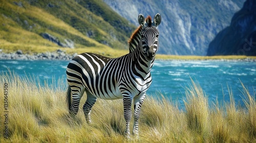Zebra Grazing on Lush Grassland by a Fluid Blue River Under Bright Sunlight in Nature