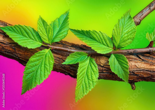 Vibrant Green Leaves on Branch with Colorful Abstract Background for Nature and Spring Themes