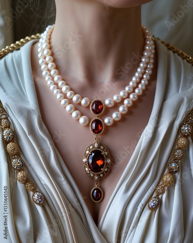 Victorian style pearl necklace with oval garnet gemstone accent