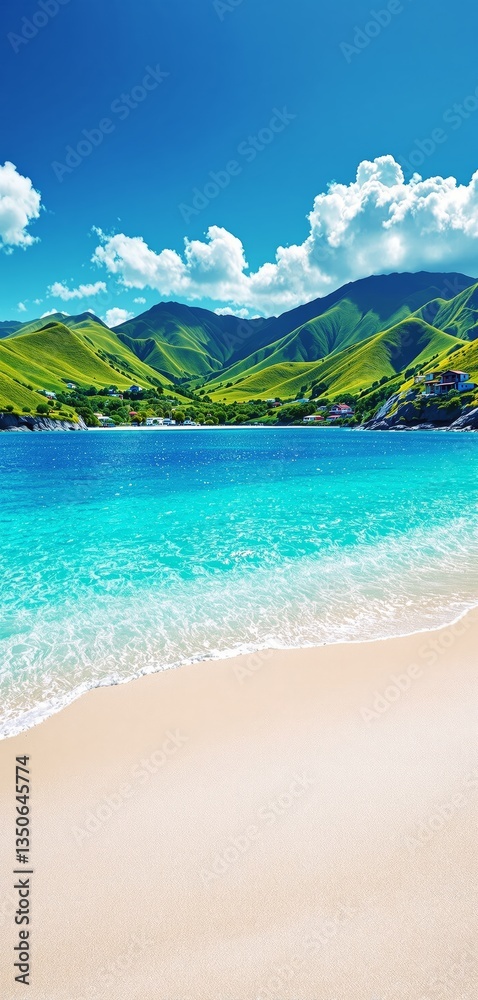 Scenic tropical beach with turquoise waves, golden sand, and lush green mountains in the background under a bright blue sky with clouds. Ai generative Scenic tropical beach with turquoise waves, golden sand, and lush green mountains in the background under a bright blue sky with clouds. Ai generative