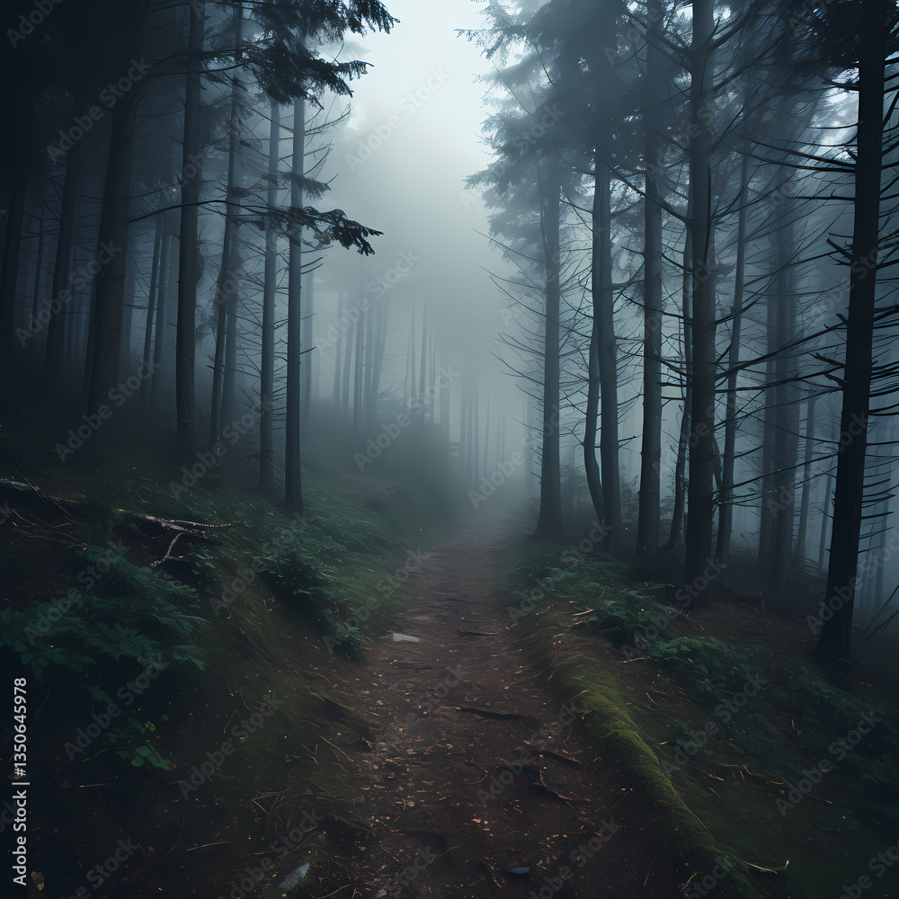 Naklejka premium A foggy forest with trees disappearing into the mist