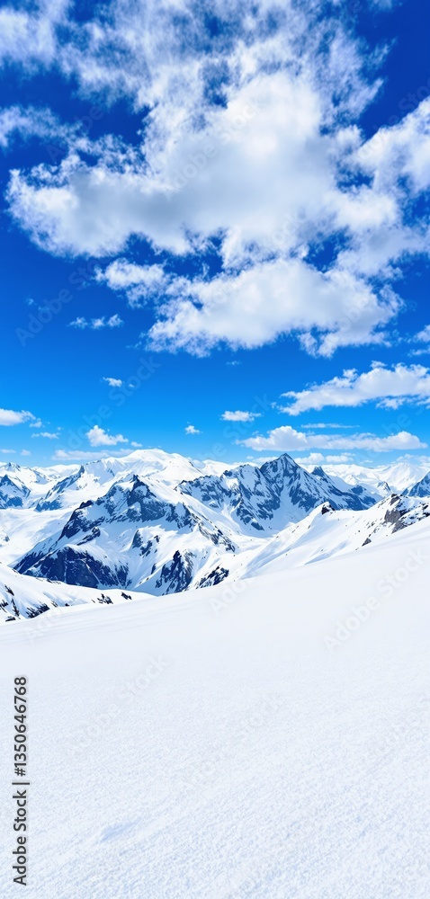Majestic snow-covered mountains under a vibrant blue sky with scattered white clouds. A serene winter landscape with crisp white snow and rugged peaks. Ai generative Majestic snow-covered mountains under a vibrant blue sky with scattered white clouds. A serene winter landscape with crisp white snow and rugged peaks. Ai generative