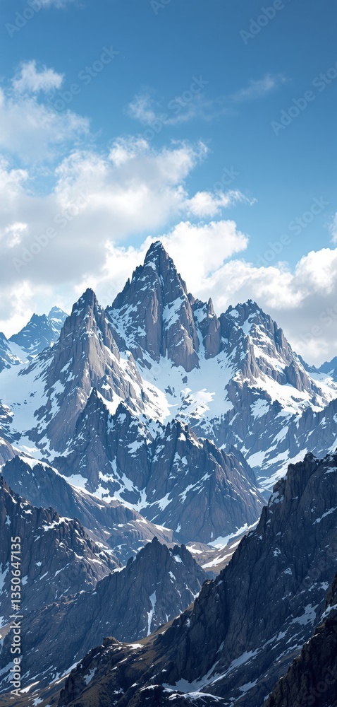 Fototapeta premium Majestic snow-covered mountains with sharp peaks under a bright blue sky with scattered clouds. A breathtaking nature landscape perfect for wallpaper. Ai generative