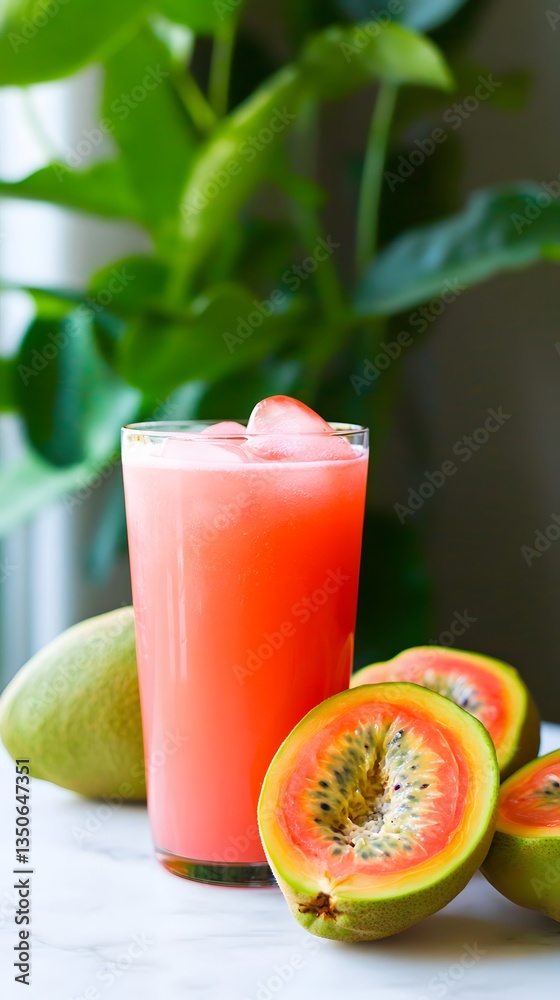 Fototapeta premium Refreshing Pink Passion Fruit Juice Drink with Ice Cubes