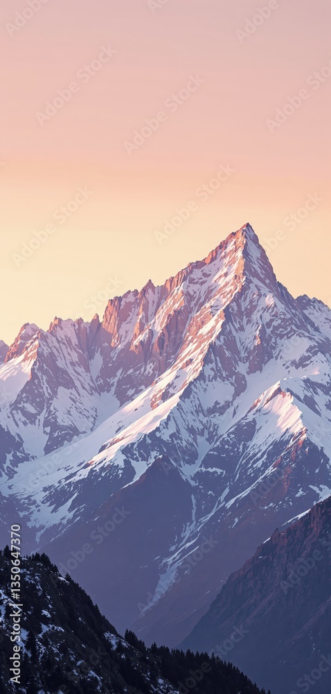 Obraz premium Snow-covered mountain peak bathed in golden sunrise light, with a pastel sky in the background. A serene and breathtaking nature landscape. Ai generative