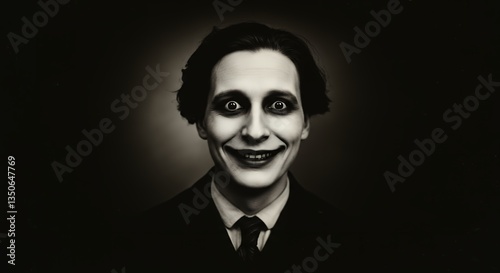 Smiling Man with Clown-like Makeup and Suit Against a Dark Background