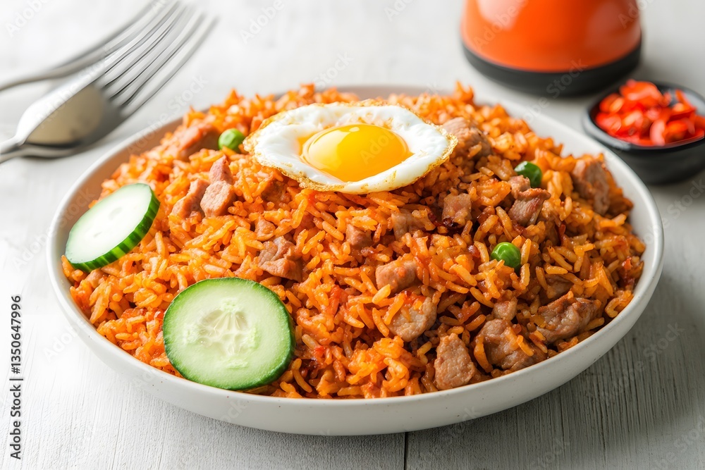 Delicious Nasi Goreng with Fried Egg and Cucumber, Indonesian Fried Rice Recipe Delicious Nasi Goreng with Fried Egg and Cucumber, Indonesian Fried Rice Recipe
