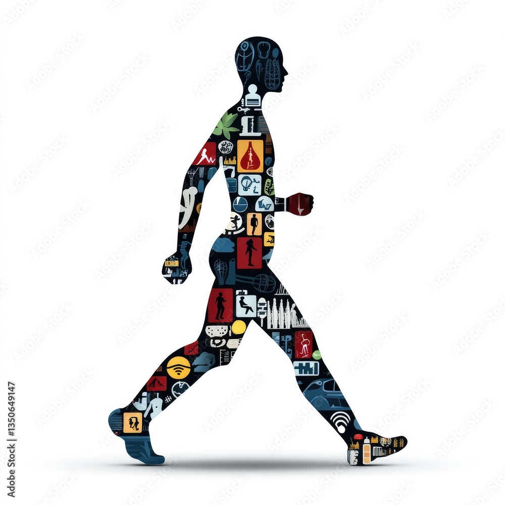 Silhouette of a person walking, filled with icons Silhouette of a person walking, filled with icons