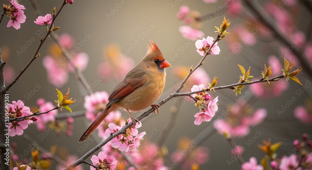 Cardinal Bird Perched on Branch with Pink Blossoms in Springtime Cardinal Bird Perched on Branch with Pink Blossoms in Springtime