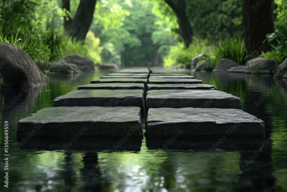 Serene stone path through tranquil water garden. Lush greenery surrounds a pathway of flat stones over calm water, leading into a verdant forest Serene stone path through tranquil water garden. Lush greenery surrounds a pathway of flat stones over calm water, leading into a verdant forest