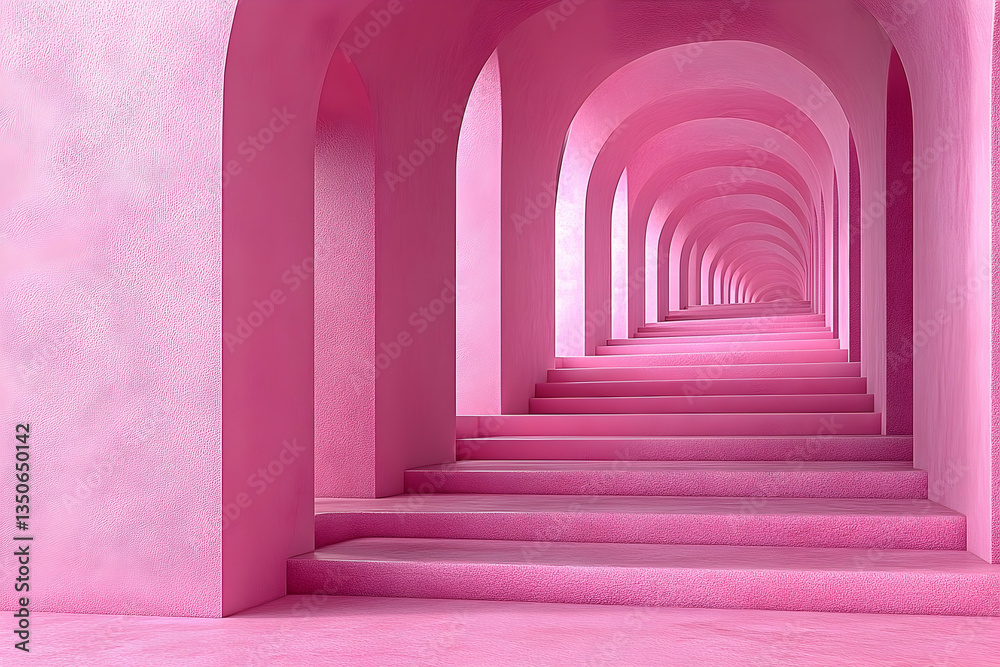 Pink arched hallway receding into perspective, stairs leading to vanishing point. Dreamlike, surreal atmosphere Pink arched hallway receding into perspective, stairs leading to vanishing point. Dreamlike, surreal atmosphere