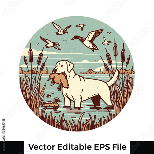 Vector Labrador retriever hunting duck in its mouth, duck hunting dog logo and  t-shirt design 