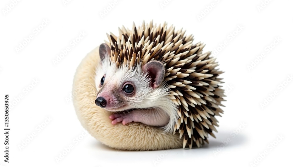 Obraz premium Tiny hedgehog curled in a ball, isolated on pure white background, hedgehog, isolated animal