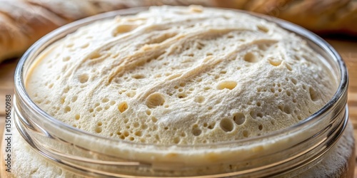 Close-up shot of a bubbly sourdough bread dough starter with visible fermentation activity and intricate texture , food, closeup