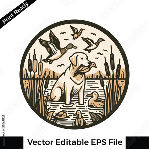 Vector Labrador retriever hunting duck in its mouth, duck hunting dog logo and  t-shirt design 