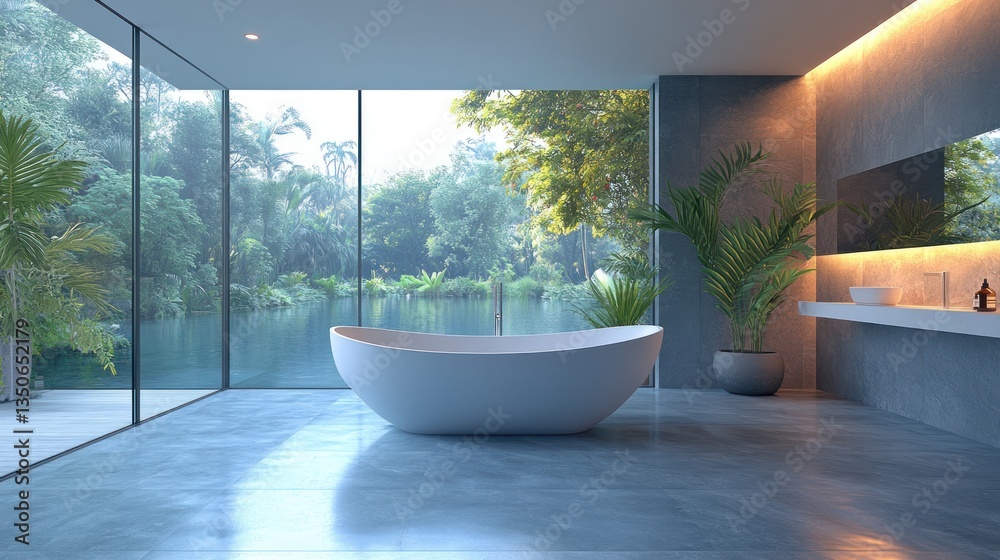 Fototapeta premium Modern bathroom with freestanding tub, large window overlooking tranquil lake and lush greenery.