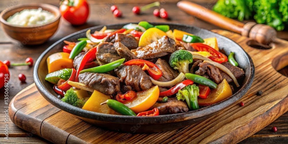 Closeup view of sizzling beef and colorful mixed vegetables in a savory stir-fry dish on a wooden cutting board, restaurant style, savory dish Closeup view of sizzling beef and colorful mixed vegetables in a savory stir-fry dish on a wooden cutting board, restaurant style, savory dish
