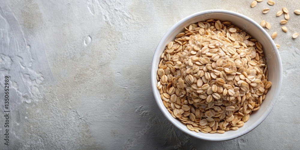 Aromatic brown oat flakes poured into a shallow white ceramic bowl in top view , cereal, oatmeal, cereal, oatmeal Aromatic brown oat flakes poured into a shallow white ceramic bowl in top view , cereal, oatmeal, cereal, oatmeal