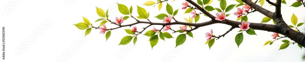 Single large tree branch with leaves and flowers on white background, tree branches, tree details Single large tree branch with leaves and flowers on white background, tree branches, tree details