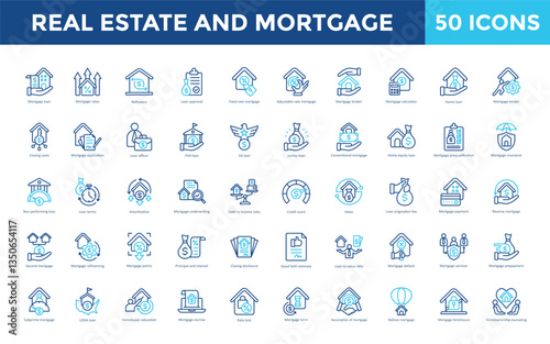 Real estate and mortgage icon set with home buying, property search, house hunting, real estate investment, open house, listing agent, closing process icon. Simple outline color vector 
