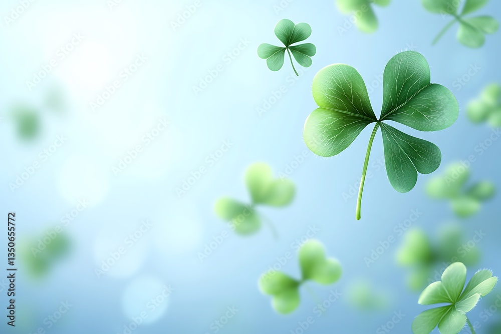 Numerous three leaf clovers floating in the blue airy background Numerous three leaf clovers floating in the blue airy background