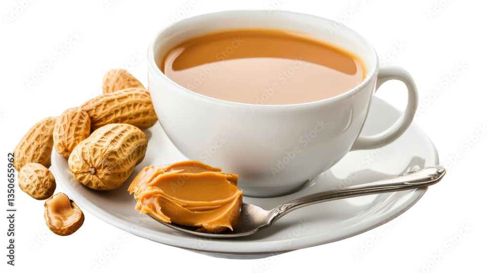 Peanut butter indulgence: A close-up shot of a cup of coffee alongside peanut butter and peanuts, evoking a sense of comfort and indulgence. Peanut butter indulgence: A close-up shot of a cup of coffee alongside peanut butter and peanuts, evoking a sense of comfort and indulgence.