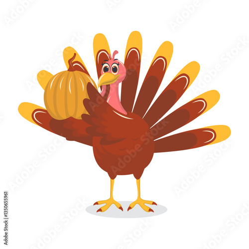 Thanksgiving Turkey Cartoon Character on White Background. Vector Illustration.