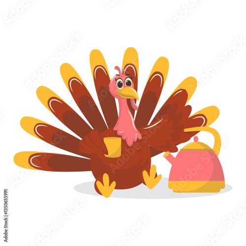 Thanksgiving Turkey Cartoon Character on White Background. Vector Illustration.