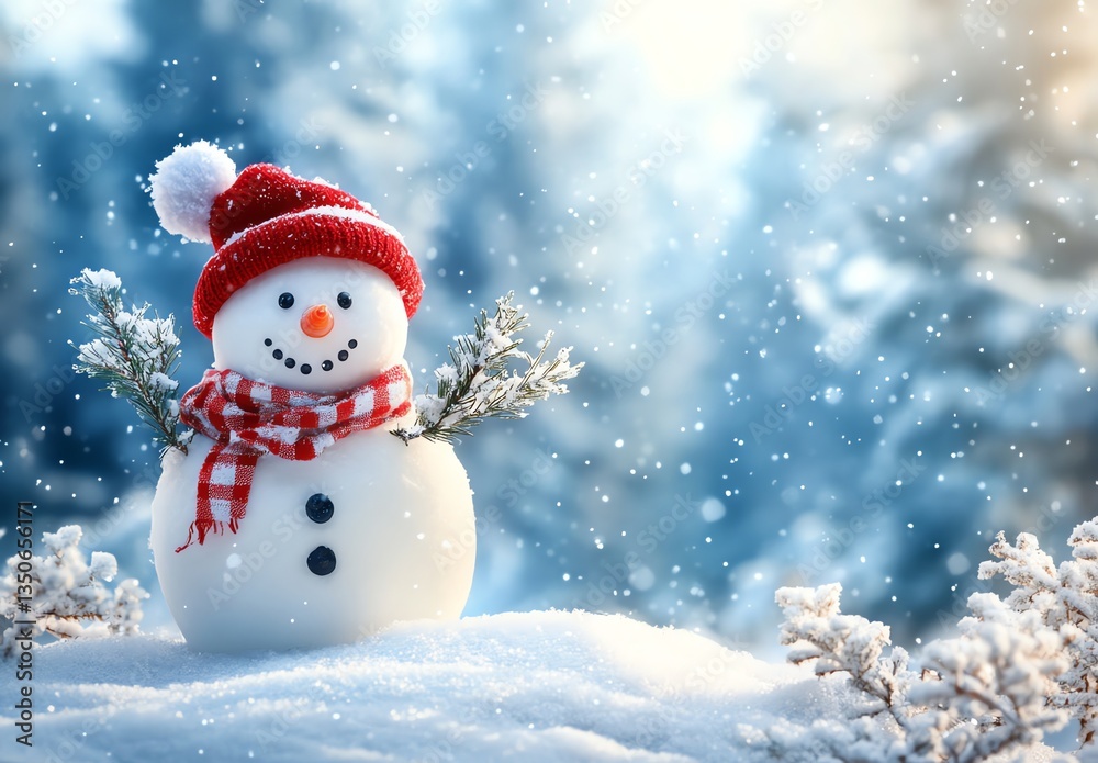 Snowman Wearing Hat and Scarf in Winter Forest Scene with Snow Falling Snowman Wearing Hat and Scarf in Winter Forest Scene with Snow Falling
