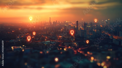 Cityscape at dusk with location markers. Aerial view. Stock photo
