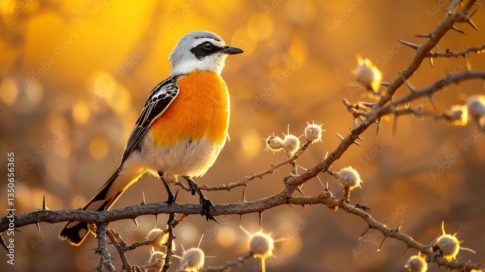 Naklejka premium White headed buffalo weaver perched a thorny acacia branch striking orange and black markings warm golden light filtering through dry savannah trees
